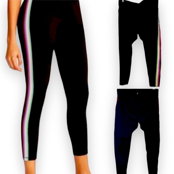 Old Navy | Go Dry 7/8 ANKLE Leggings Black Rainbow Side Stripes | Size Medium - Picture 1 of 5